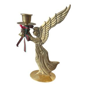 Vintage Solid Brass Angel Double Sided Candle Candlestick Holder 9 in Christmas